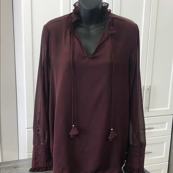 Point Zero Tops - Women's Ruffle-Neck Long Sleeve Blouse – Women’s M – Rich Burgundy
